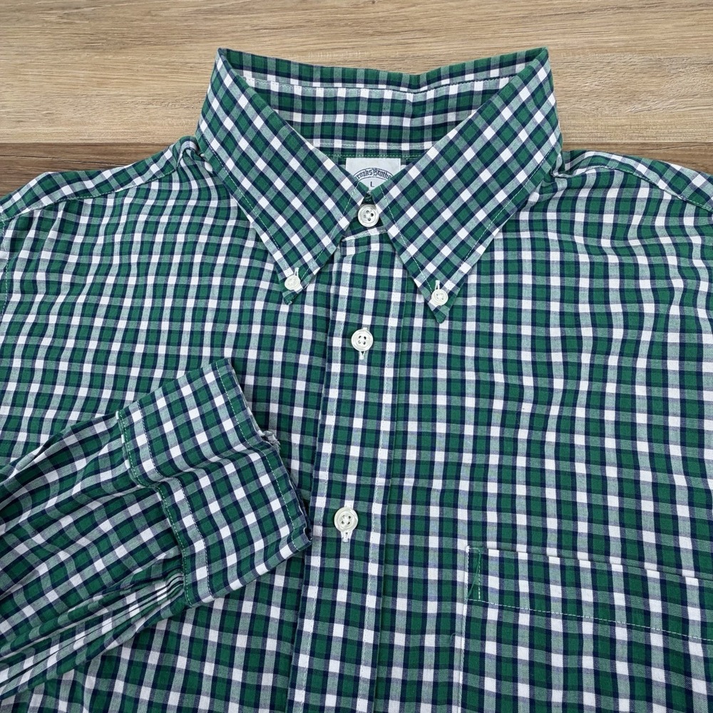 Brooks Brothers Regent Non-Iron Green White Check Dress Shirt Mens Size Large